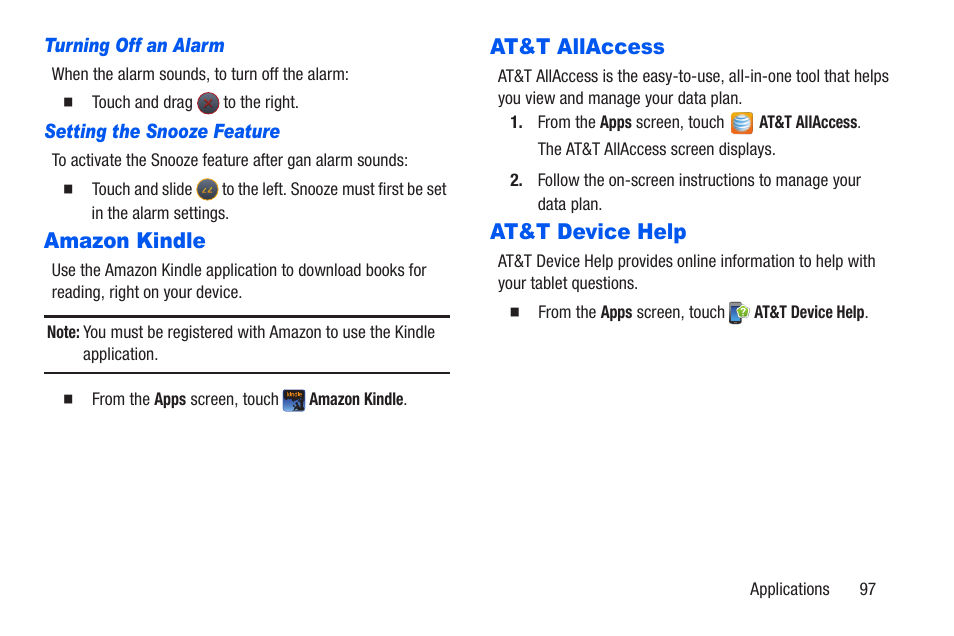 Amazon kindle, At&t allaccess, At&t device help | Amazon kindle at&t allaccess at&t device help | Samsung SM-T217AZKAATT User Manual | Page 103 / 191