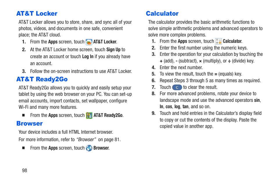 At&t locker, At&t ready2go, Browser | Calculator, At&t locker at&t ready2go browser calculator | Samsung SM-T217AZKAATT User Manual | Page 104 / 191