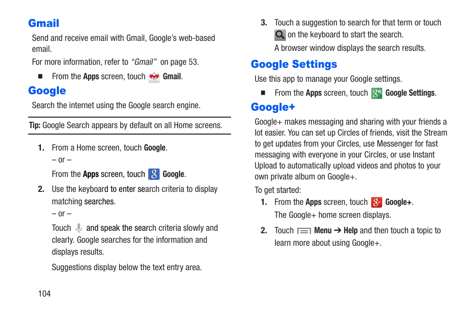 Gmail, Google, Google settings | Gmail google google settings google | Samsung SM-T217AZKAATT User Manual | Page 110 / 191