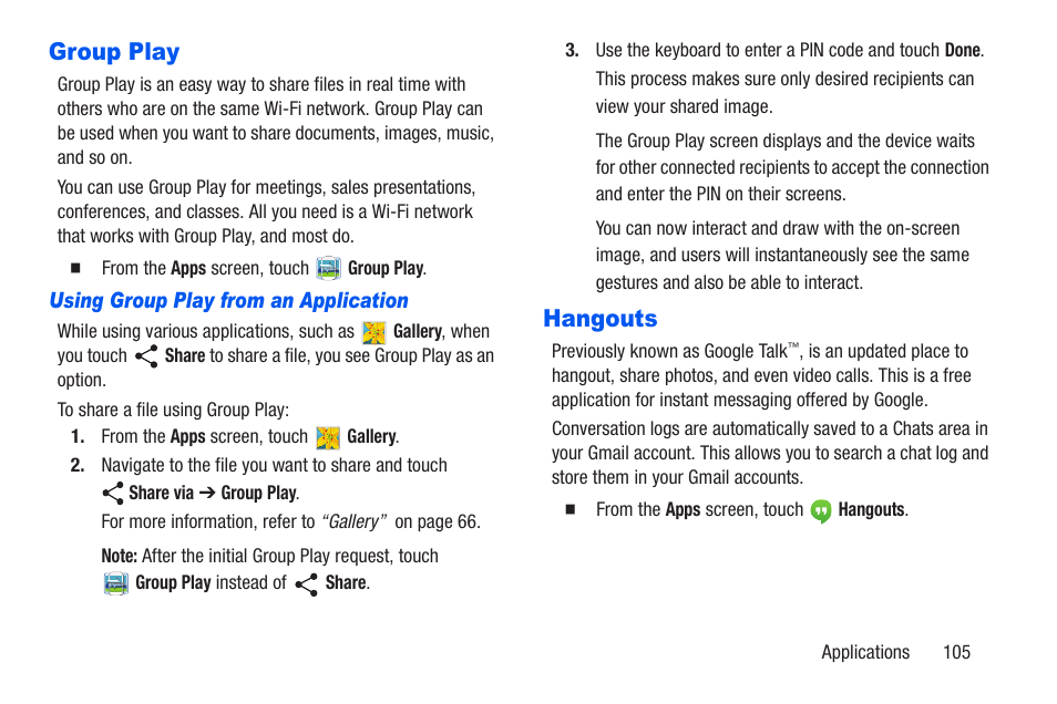 Group play, Hangouts, Group play hangouts | Samsung SM-T217AZKAATT User Manual | Page 111 / 191