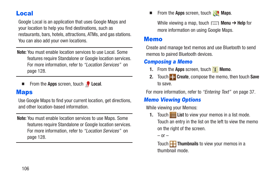 Local, Maps, Memo | Local maps memo | Samsung SM-T217AZKAATT User Manual | Page 112 / 191