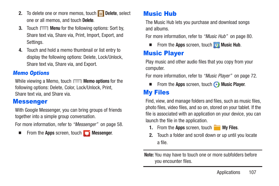Messenger, Music hub, Music player | My files, Messenger music hub music player my files | Samsung SM-T217AZKAATT User Manual | Page 113 / 191