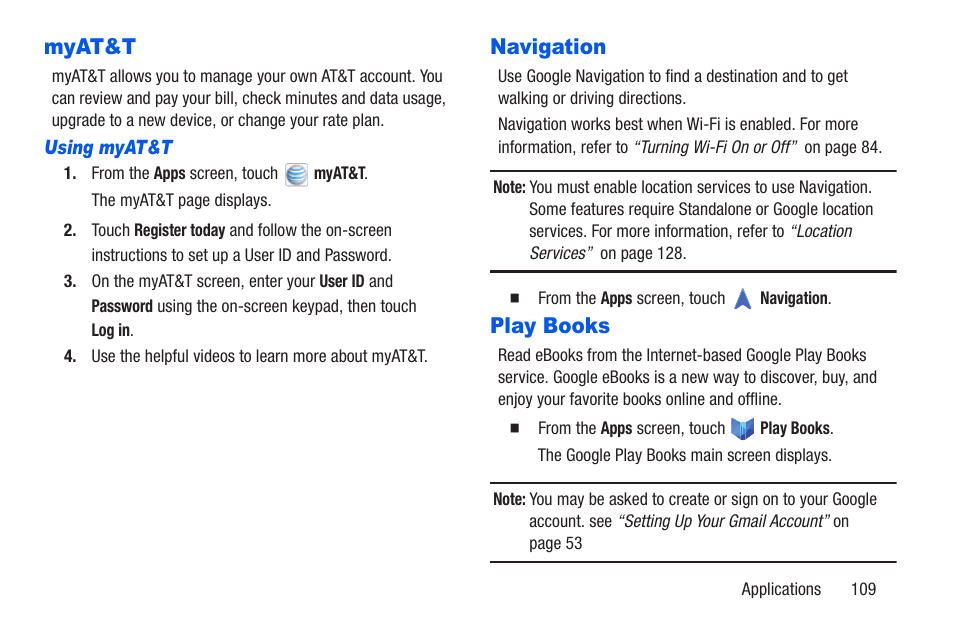 Myat&t, Navigation, Play books | Myat&t navigation play books | Samsung SM-T217AZKAATT User Manual | Page 115 / 191