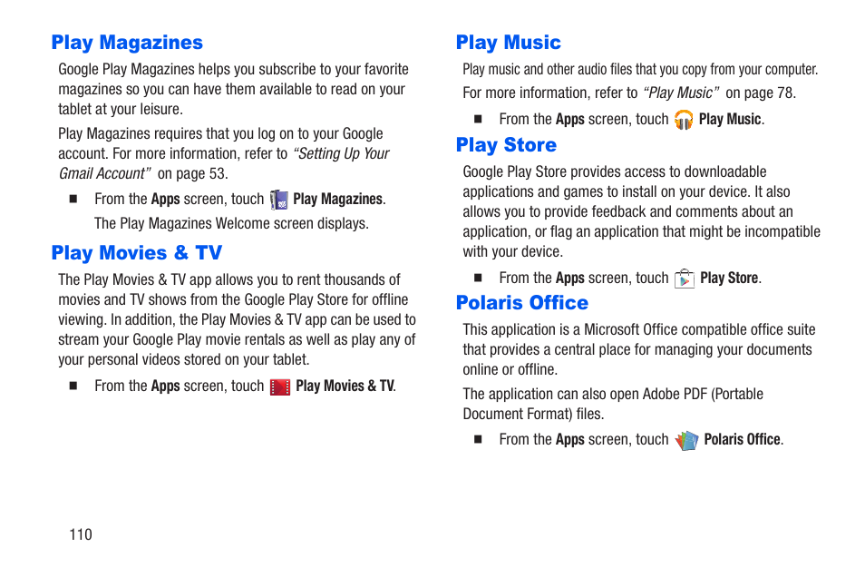 Play magazines, Play movies & tv, Play music | Play store, Polaris office | Samsung SM-T217AZKAATT User Manual | Page 116 / 191