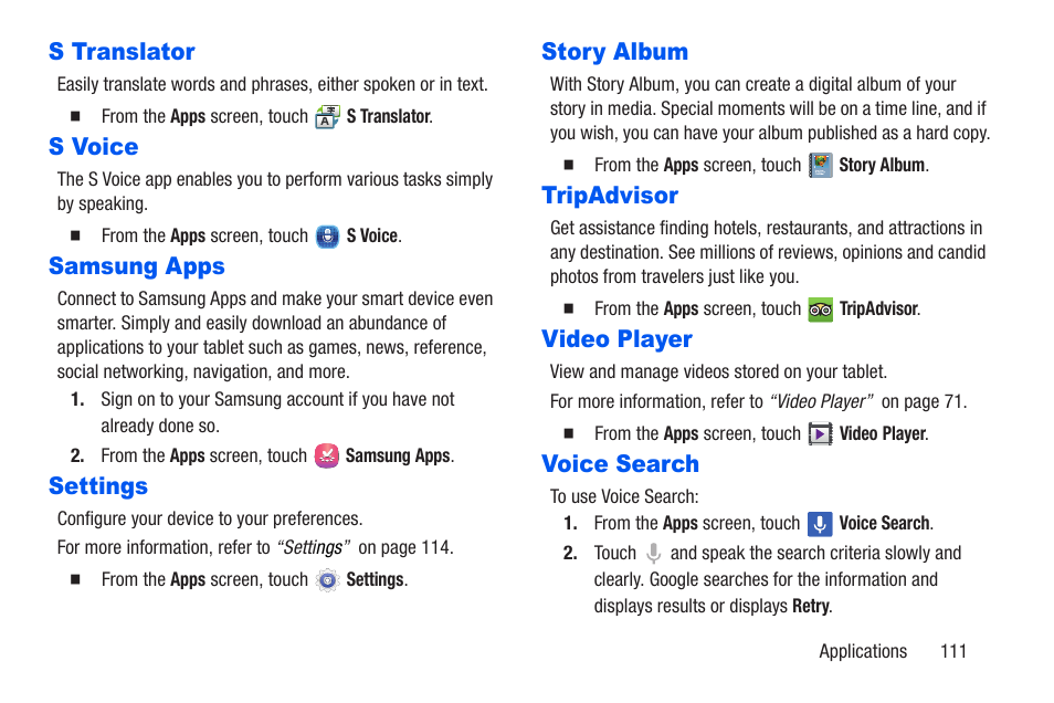 S translator, S voice, Samsung apps | Settings, Story album, Tripadvisor, Video player, Voice search | Samsung SM-T217AZKAATT User Manual | Page 117 / 191