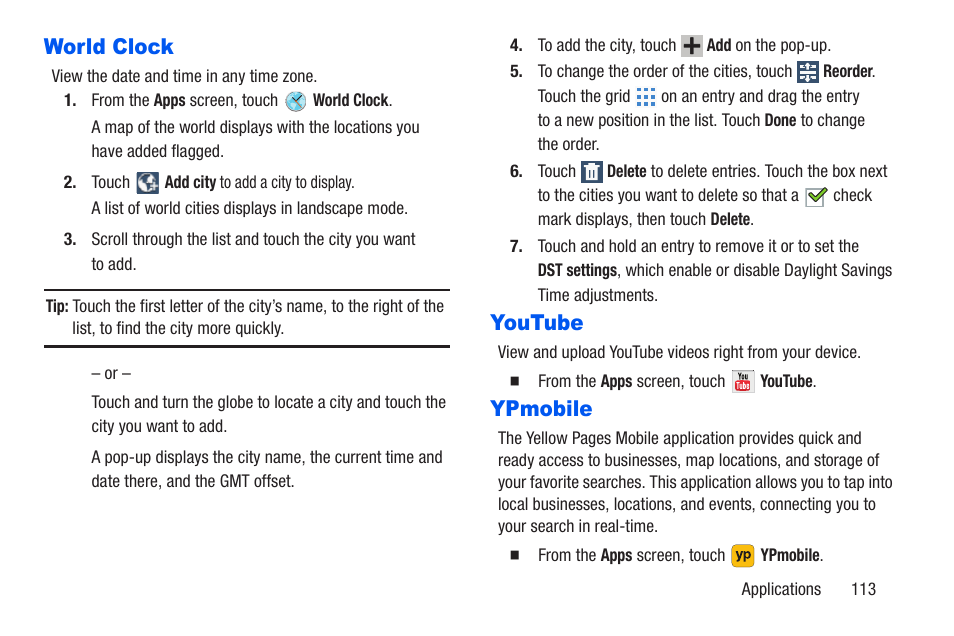 World clock, Youtube, Ypmobile | World clock youtube ypmobile | Samsung SM-T217AZKAATT User Manual | Page 119 / 191