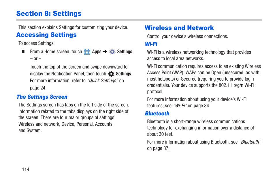 Section 8: settings, Accessing settings, Wireless and network | Accessing settings wireless and network, For more information, refer to “setti | Samsung SM-T217AZKAATT User Manual | Page 120 / 191