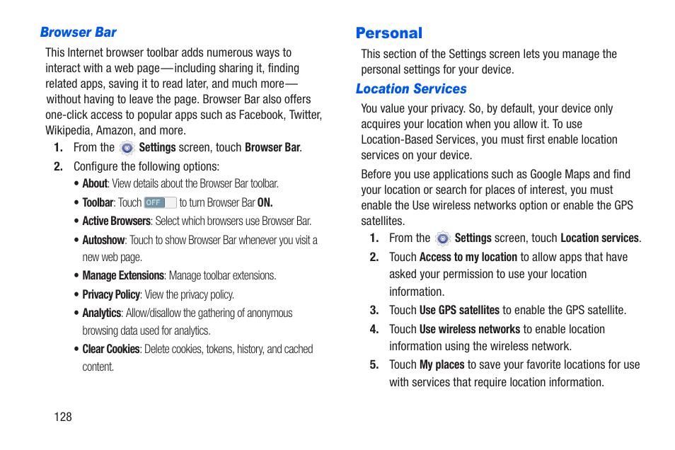 Personal, More information, refer to “location services” on | Samsung SM-T217AZKAATT User Manual | Page 134 / 191