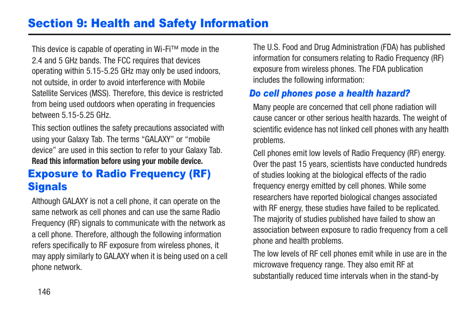 Section 9: health and safety information, Exposure to radio frequency (rf) signals, Section 9: health and safety | Information | Samsung SM-T217AZKAATT User Manual | Page 152 / 191