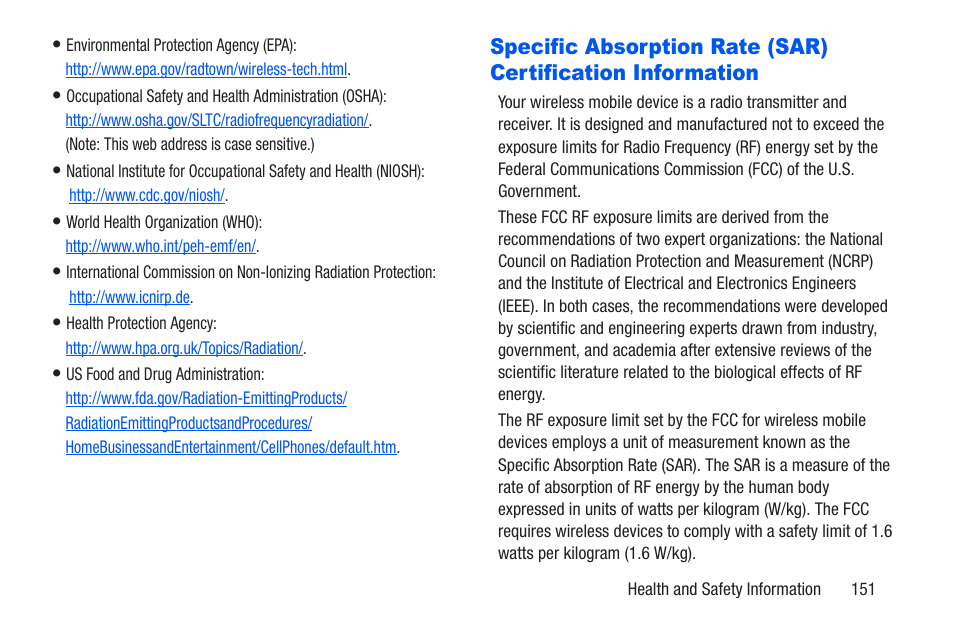 Specific absorption rate (sar) certification, Information | Samsung SM-T217AZKAATT User Manual | Page 157 / 191
