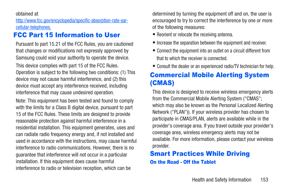 Fcc part 15 information to user, Commercial mobile alerting system (cmas), Smart practices while driving | Samsung SM-T217AZKAATT User Manual | Page 159 / 191