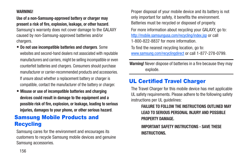 Samsung mobile products and recycling, Ul certified travel charger | Samsung SM-T217AZKAATT User Manual | Page 162 / 191