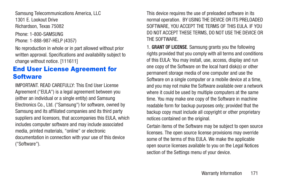 End user license agreement for software | Samsung SM-T217AZKAATT User Manual | Page 177 / 191
