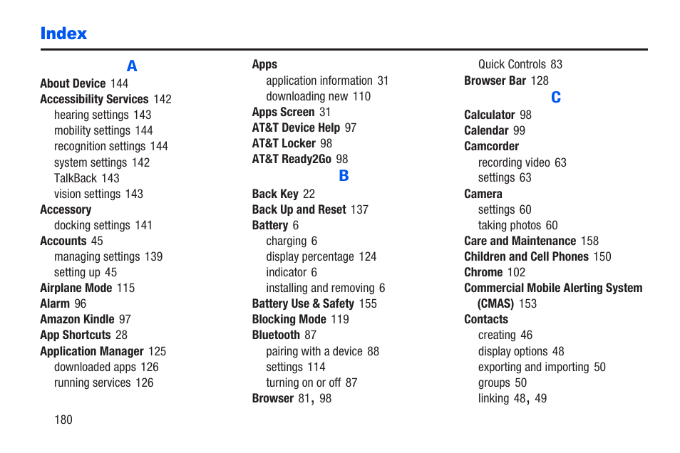 Index | Samsung SM-T217AZKAATT User Manual | Page 186 / 191