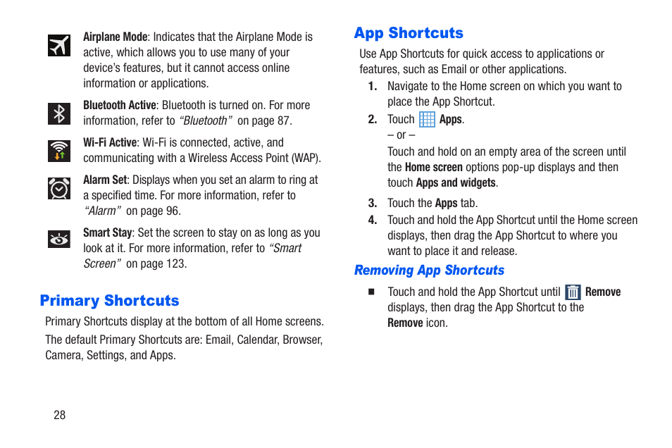 Primary shortcuts, App shortcuts, Primary shortcuts app shortcuts | Pps. for more | Samsung SM-T217AZKAATT User Manual | Page 34 / 191