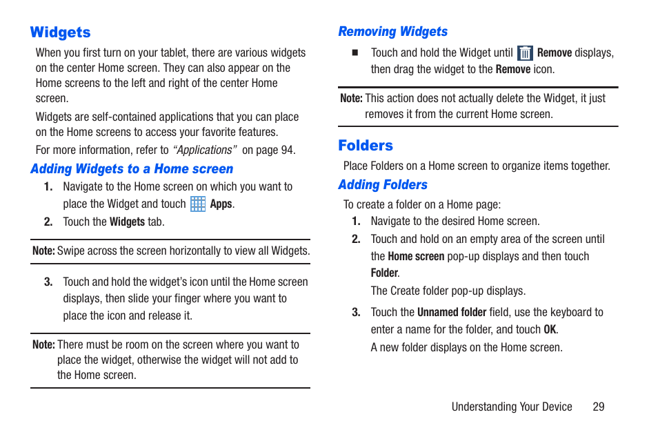 Widgets, Folders, Widgets folders | For more information | Samsung SM-T217AZKAATT User Manual | Page 35 / 191