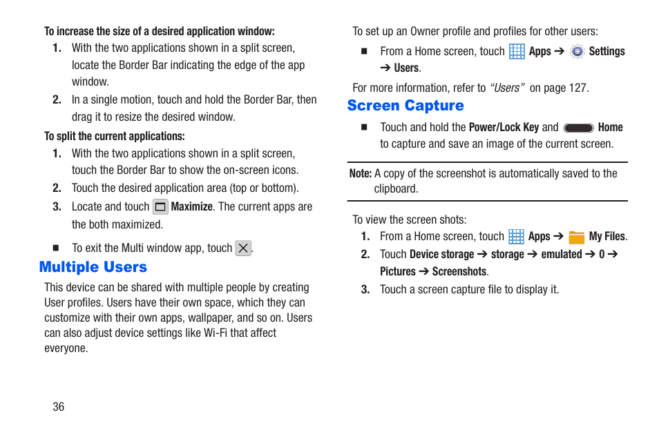 Multiple users, Screen capture, Multiple users screen capture | Samsung SM-T217AZKAATT User Manual | Page 42 / 191