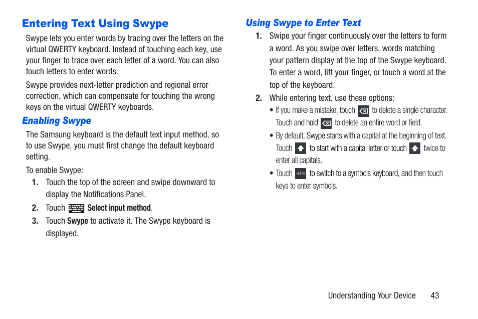 Entering text using swype | Samsung SM-T217AZKAATT User Manual | Page 49 / 191