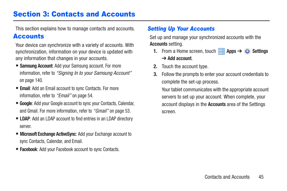 Section 3: contacts and accounts, Accounts | Samsung SM-T217AZKAATT User Manual | Page 51 / 191