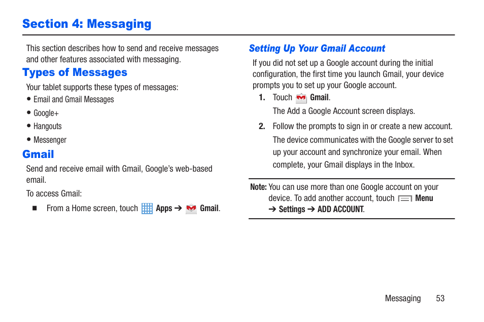 Section 4: messaging, Types of messages, Gmail | Types of messages gmail | Samsung SM-T217AZKAATT User Manual | Page 59 / 191