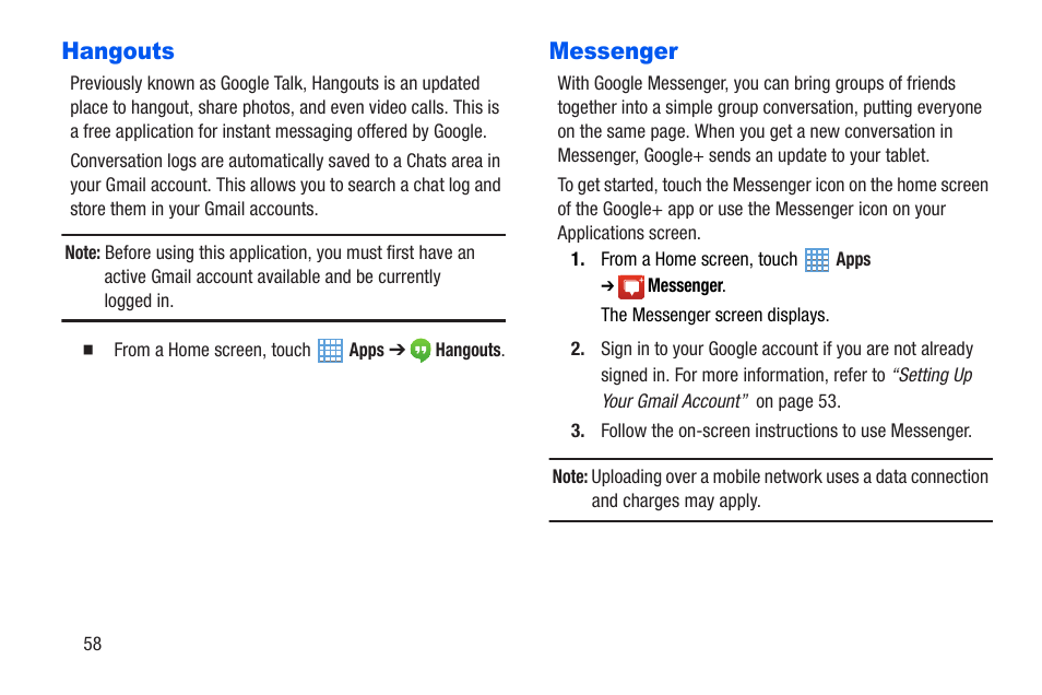 Hangouts, Messenger, Hangouts messenger | Samsung SM-T217AZKAATT User Manual | Page 64 / 191
