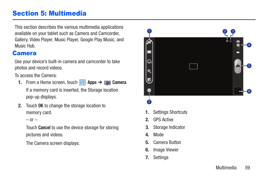 Section 5: multimedia, Camera | Samsung SM-T217AZKAATT User Manual | Page 65 / 191