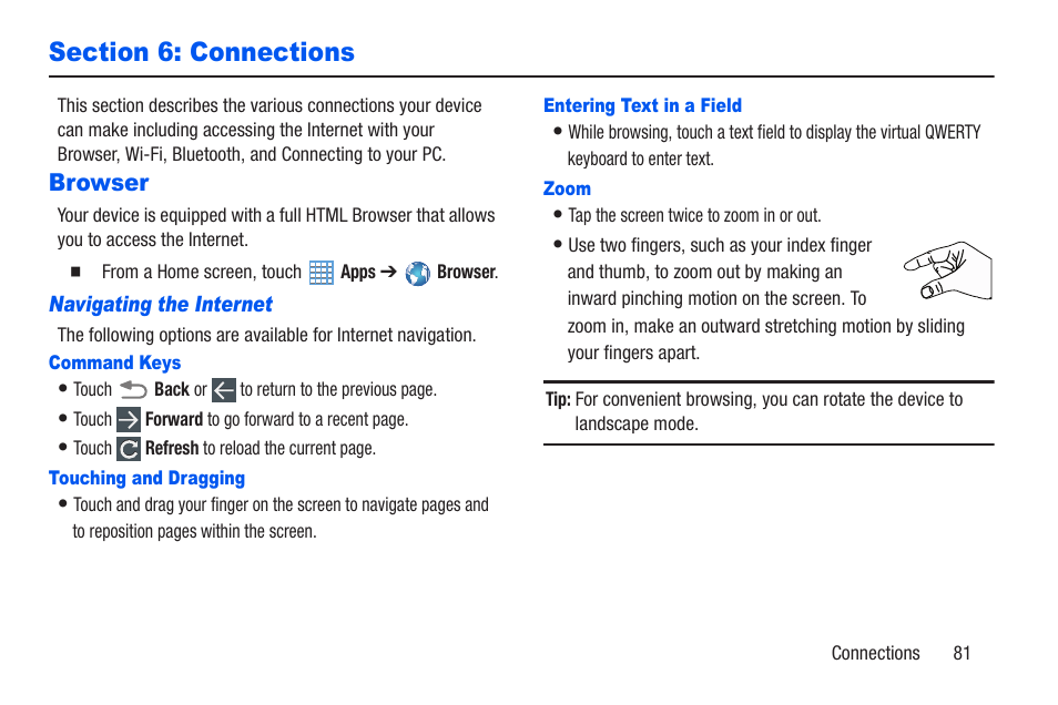 Section 6: connections, Browser | Samsung SM-T217AZKAATT User Manual | Page 87 / 191