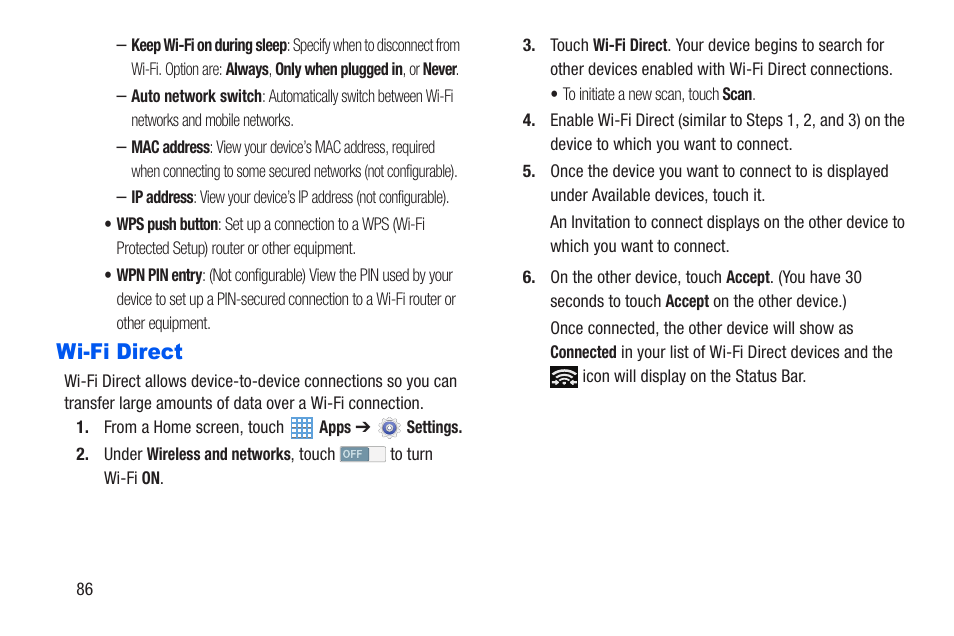 Wi-fi direct | Samsung SM-T217AZKAATT User Manual | Page 92 / 191