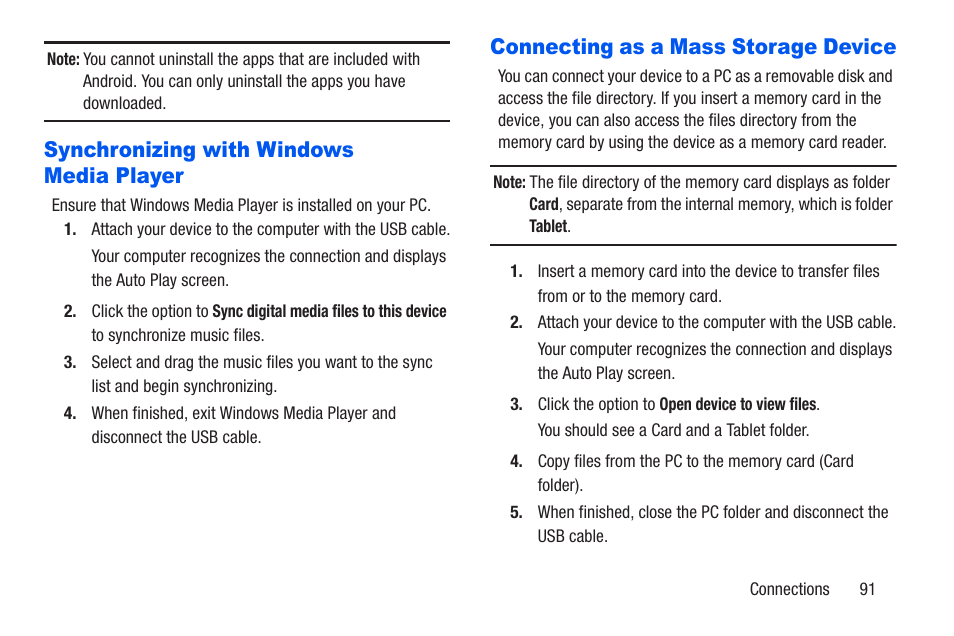 Synchronizing with windows media player, Connecting as a mass storage device | Samsung SM-T217AZKAATT User Manual | Page 97 / 191