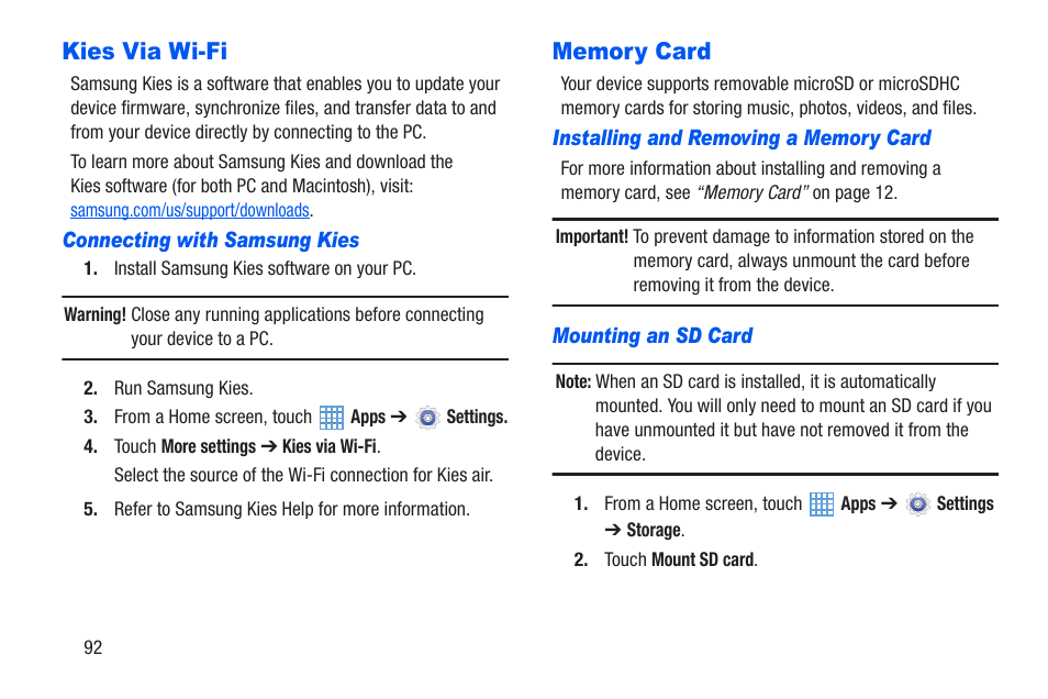 Kies via wi-fi, Memory card, Kies via wi-fi memory card | For more information, refer to “memory card” on | Samsung SM-T217AZKAATT User Manual | Page 98 / 191