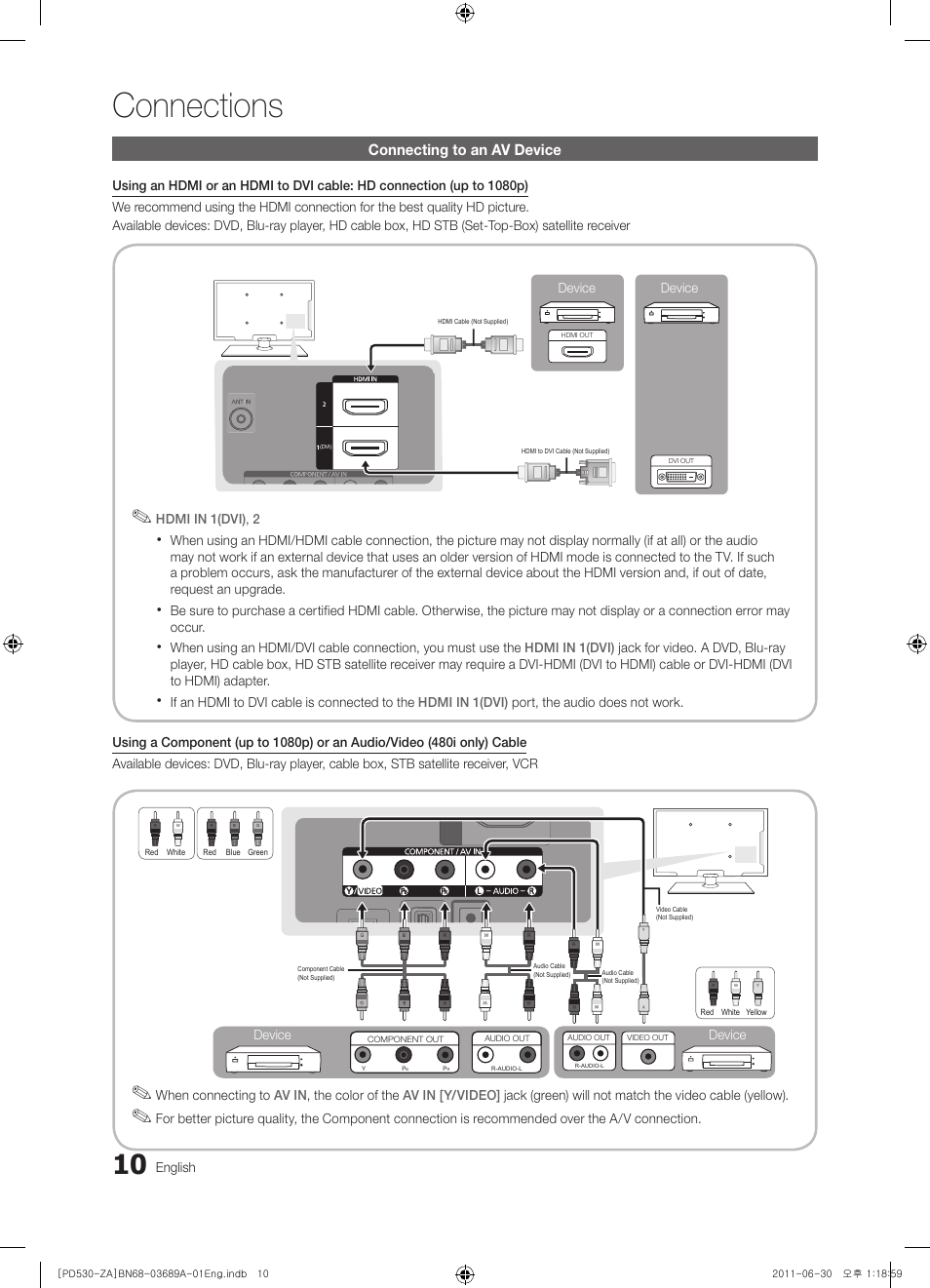 Connections, Connecting to an av device | Samsung PN59D530A3FXZA User Manual | Page 10 / 36