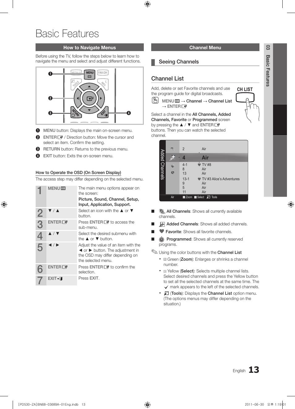 Basic features, Channel list | Samsung PN59D530A3FXZA User Manual | Page 13 / 36