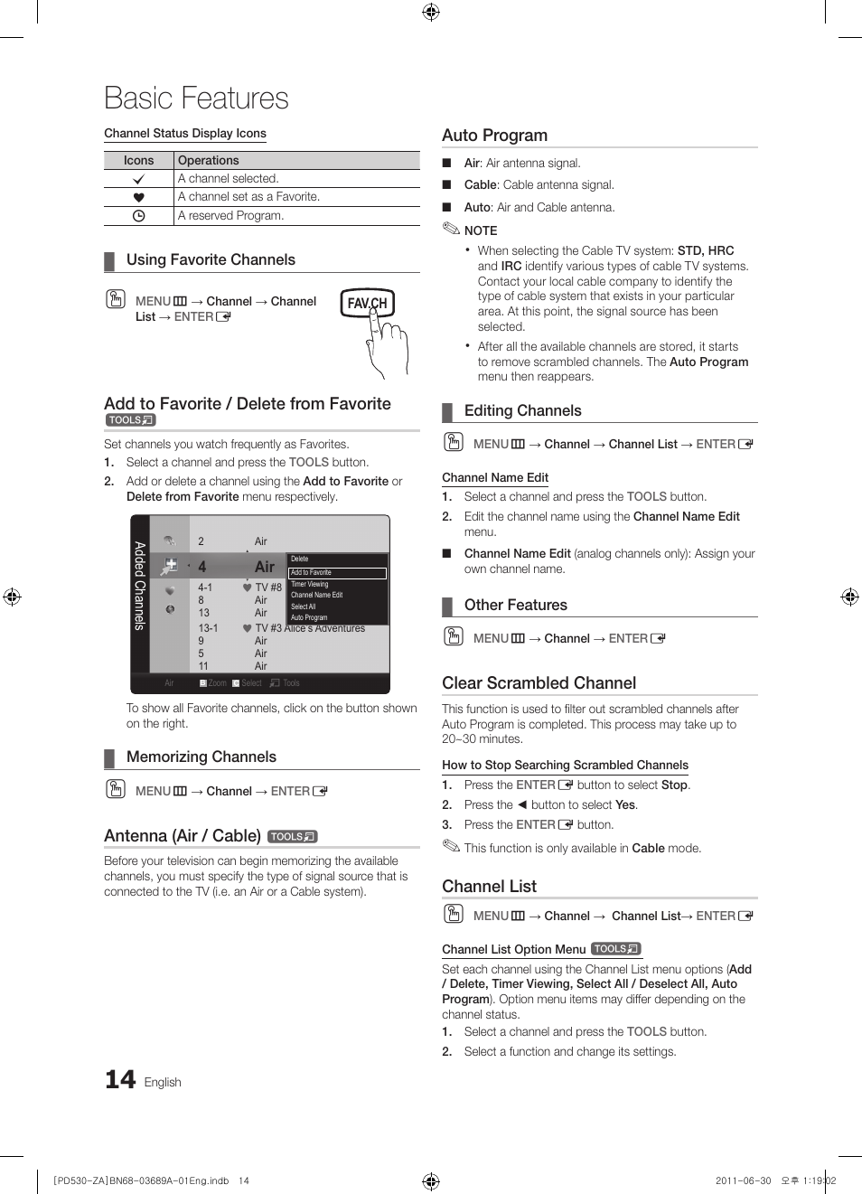 Basic features, Add to favorite / delete from favorite, Antenna (air / cable) | Auto program, Clear scrambled channel, Channel list | Samsung PN59D530A3FXZA User Manual | Page 14 / 36