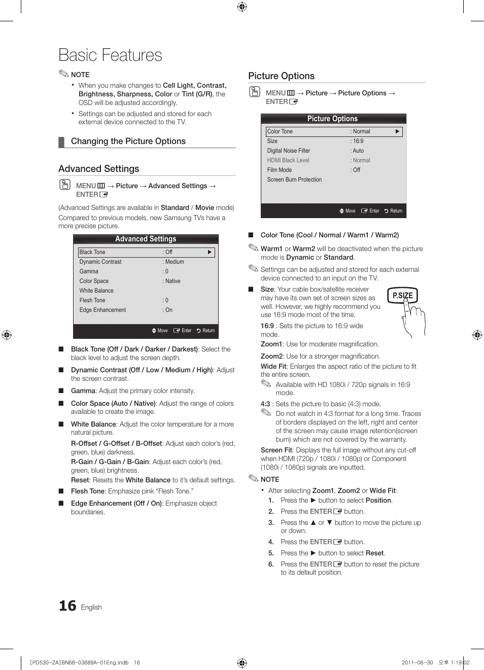 Basic features, Advanced settings, Picture options | Samsung PN59D530A3FXZA User Manual | Page 16 / 36