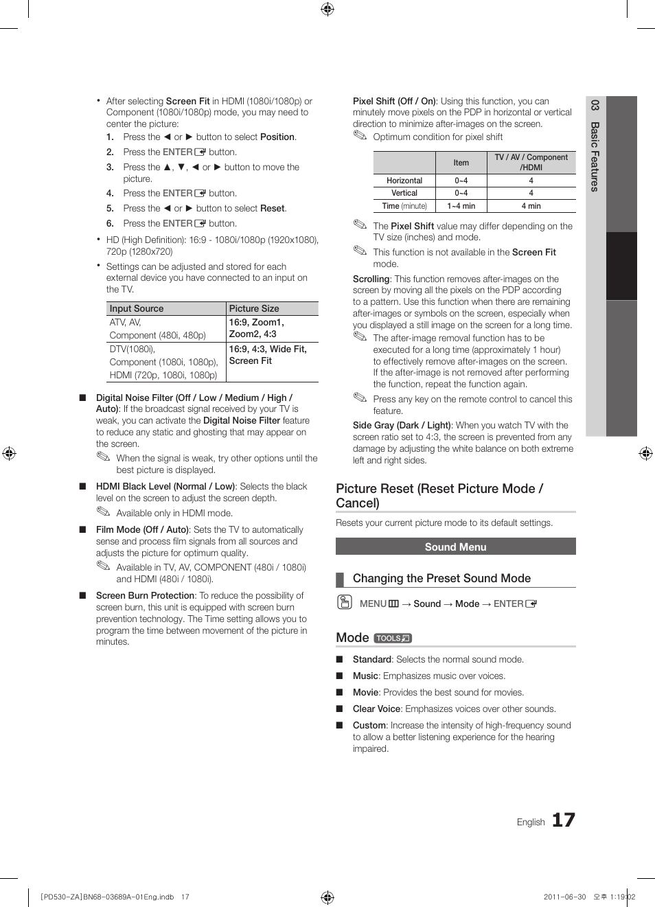 Picture reset (reset picture mode / cancel), Mode | Samsung PN59D530A3FXZA User Manual | Page 17 / 36