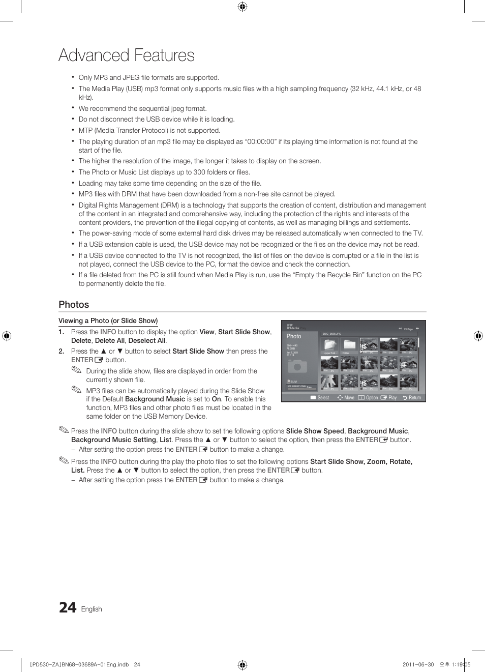 Advanced features, Photos | Samsung PN59D530A3FXZA User Manual | Page 24 / 36