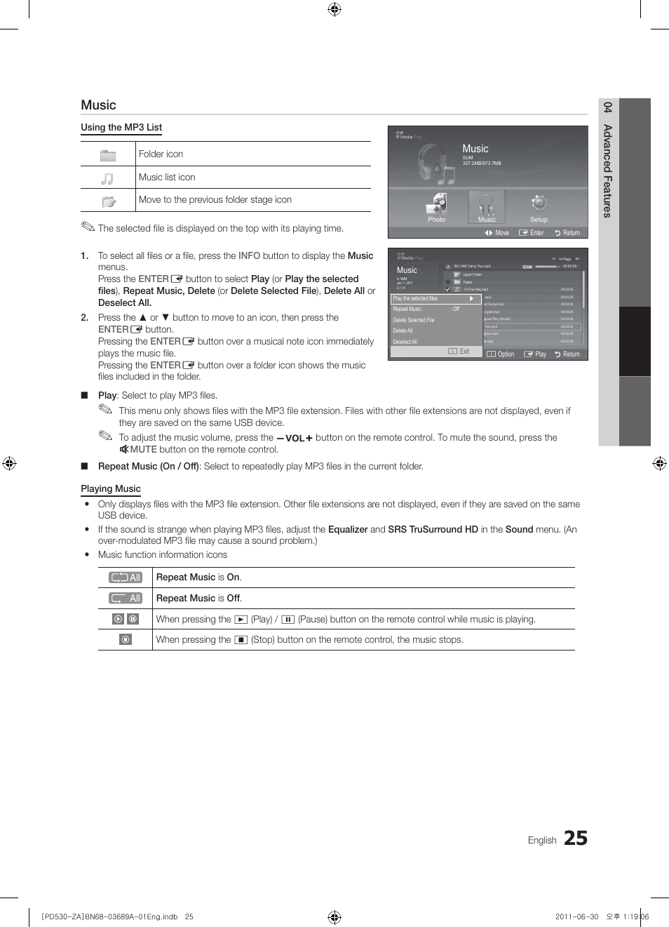 Music, 04 advanced featur es, Photo | English | Samsung PN59D530A3FXZA User Manual | Page 25 / 36