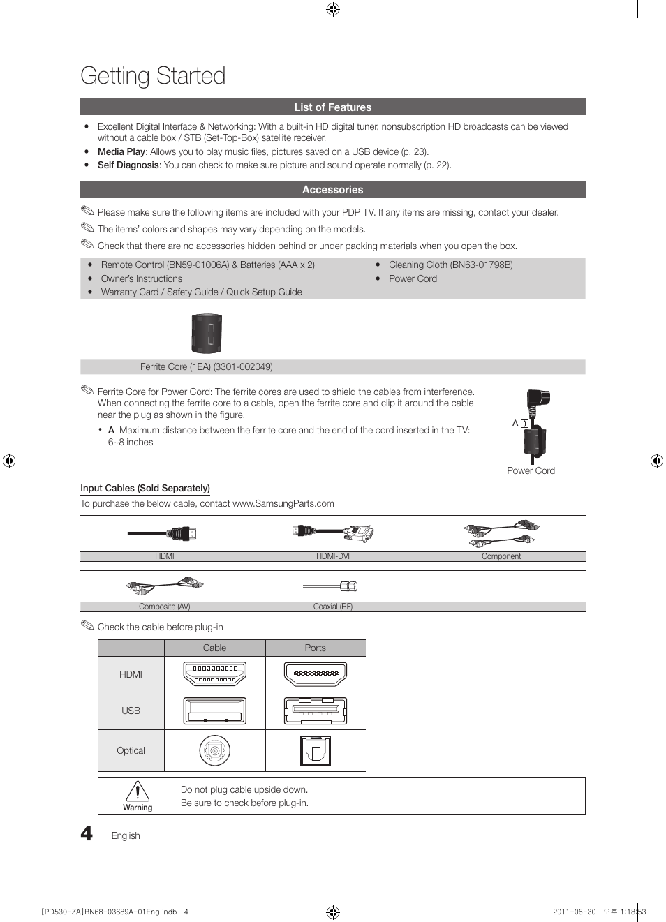 Getting started | Samsung PN59D530A3FXZA User Manual | Page 4 / 36