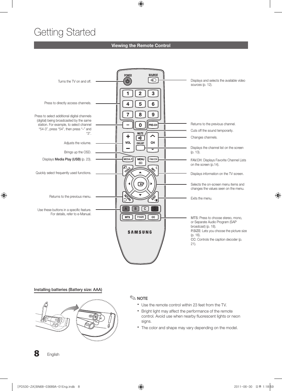 Getting started | Samsung PN59D530A3FXZA User Manual | Page 8 / 36