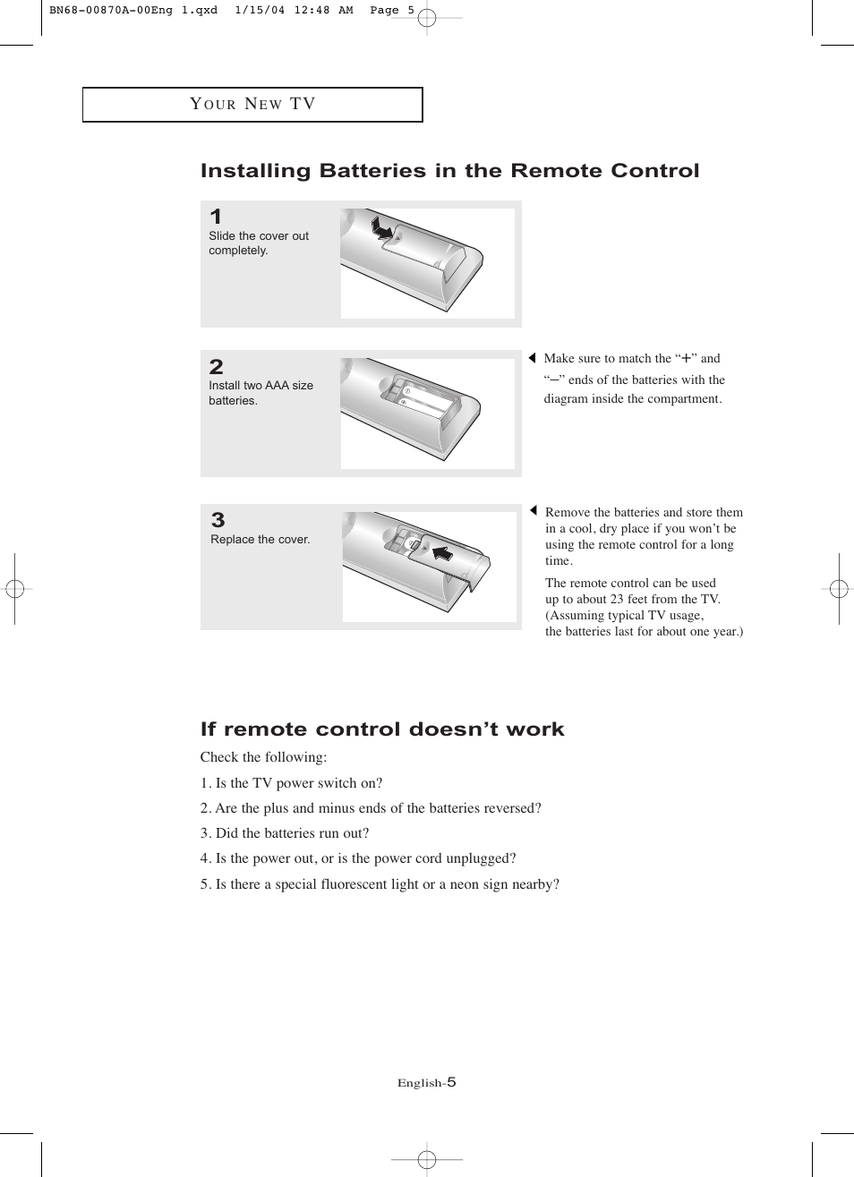 Installing batteries in the remote control, If remote control doesn’t work | Samsung LNR1742X-XAA User Manual | Page 10 / 66