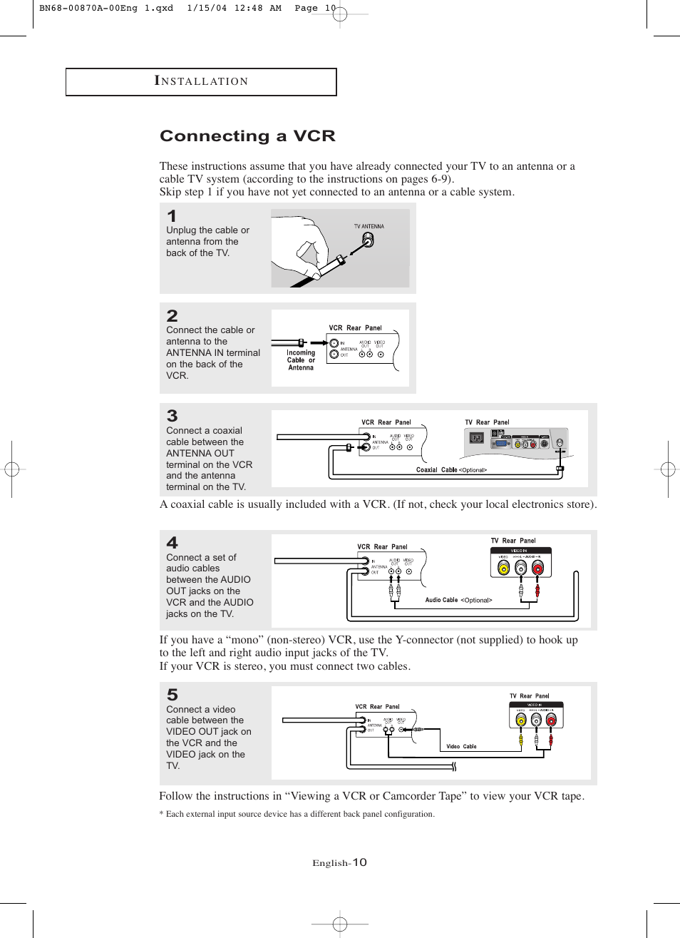 Connecting a vcr | Samsung LNR1742X-XAA User Manual | Page 15 / 66