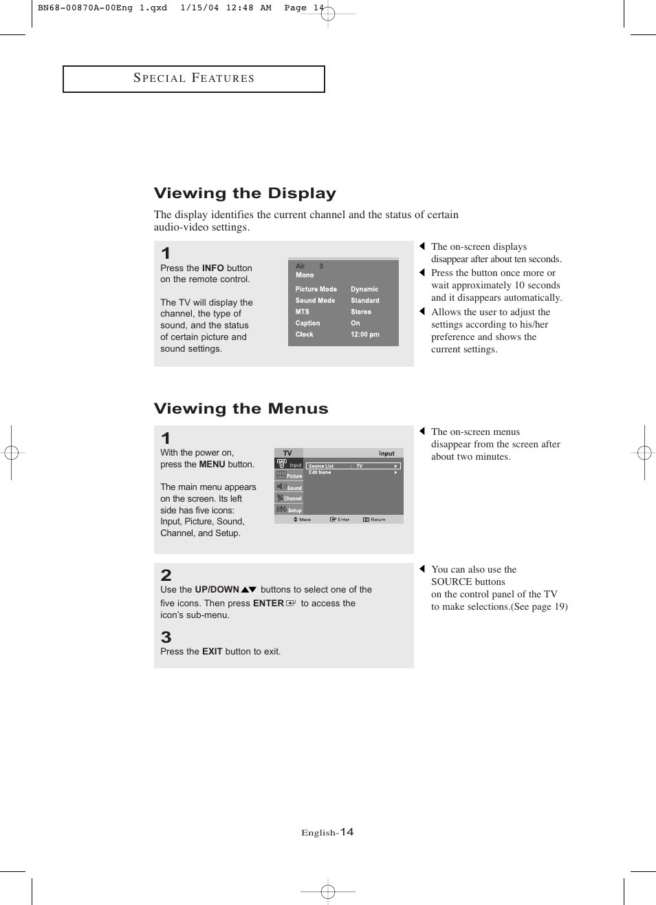 Viewing the display, Viewing the menus | Samsung LNR1742X-XAA User Manual | Page 19 / 66