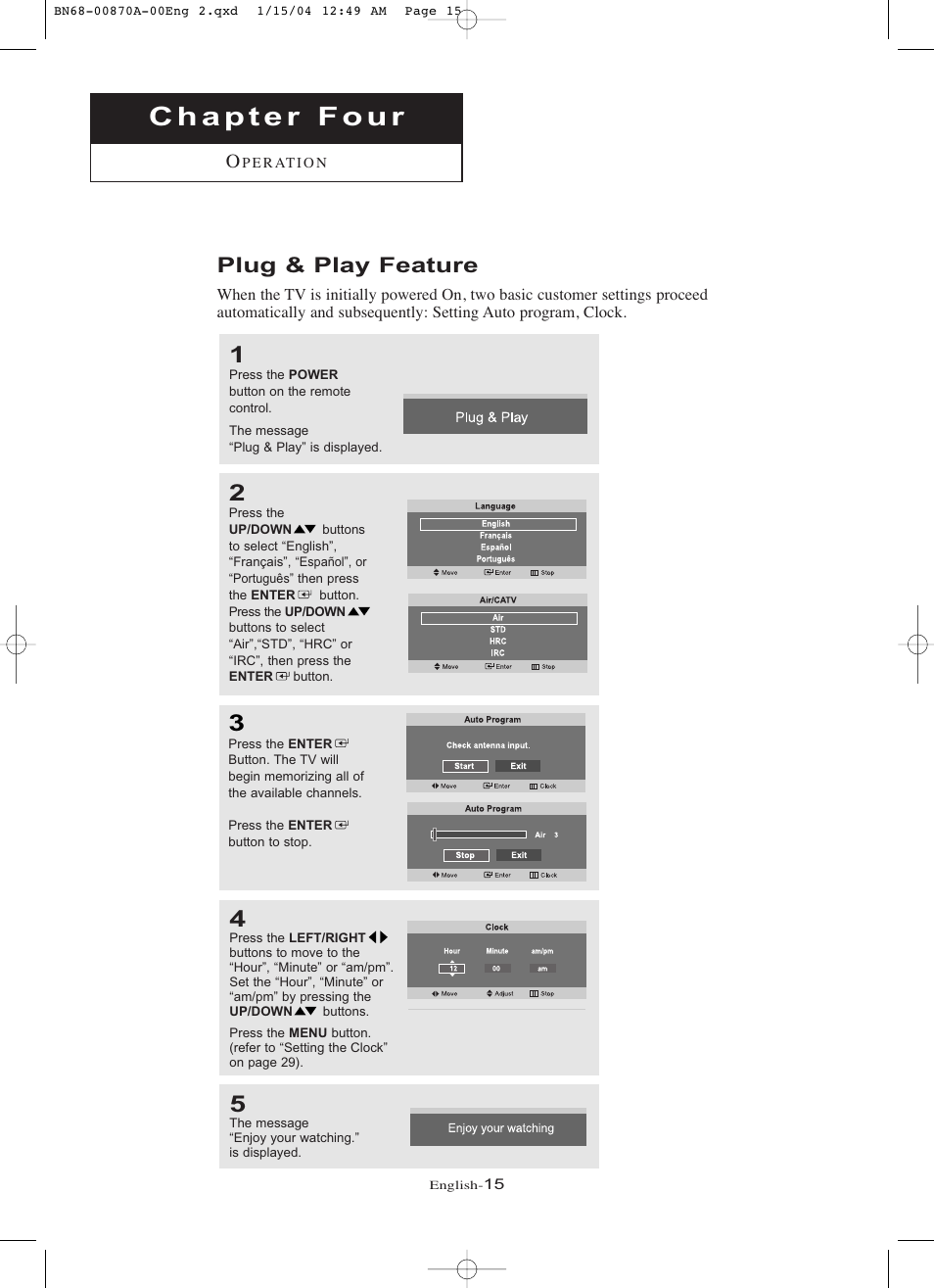 Chapter 4: operation, Plug & play feature | Samsung LNR1742X-XAA User Manual | Page 20 / 66