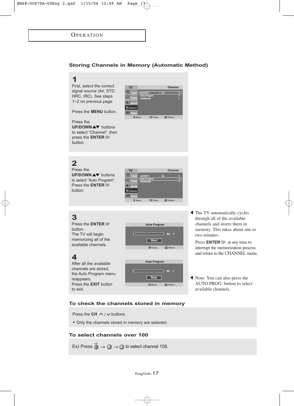 Storing channels in memory (automatic method), To check the channels stored in memory, To select channels over 100 | Samsung LNR1742X-XAA User Manual | Page 22 / 66