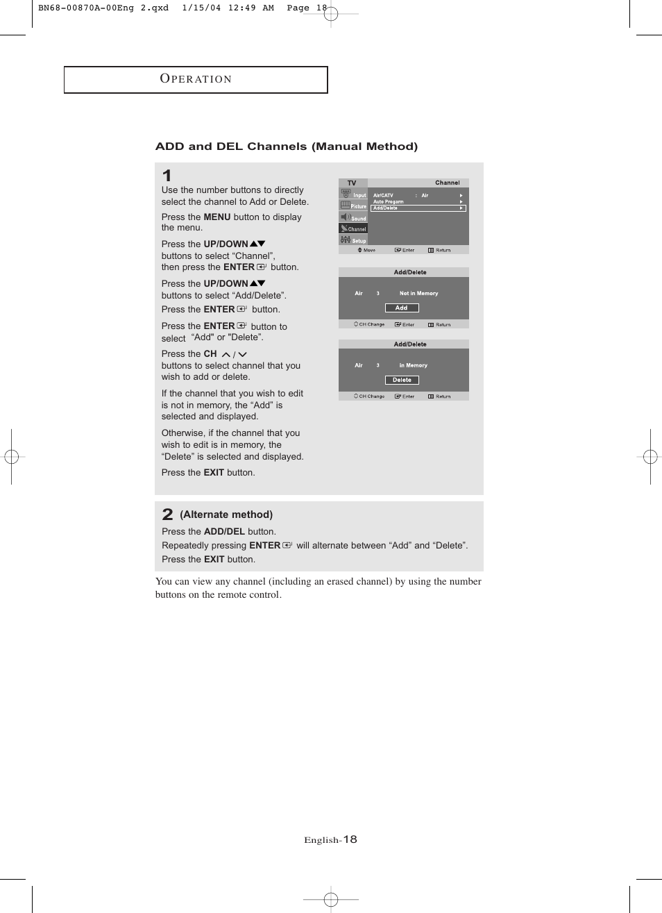 Add and del channels (manual method) | Samsung LNR1742X-XAA User Manual | Page 23 / 66
