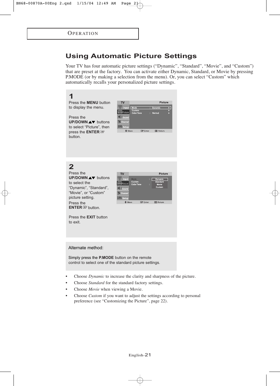 Using automatic picture settings | Samsung LNR1742X-XAA User Manual | Page 26 / 66