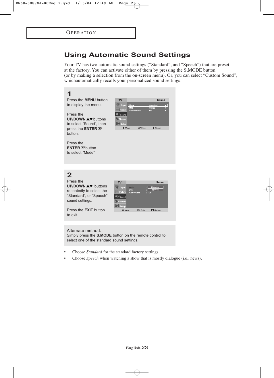 Using automatic sound settings | Samsung LNR1742X-XAA User Manual | Page 28 / 66