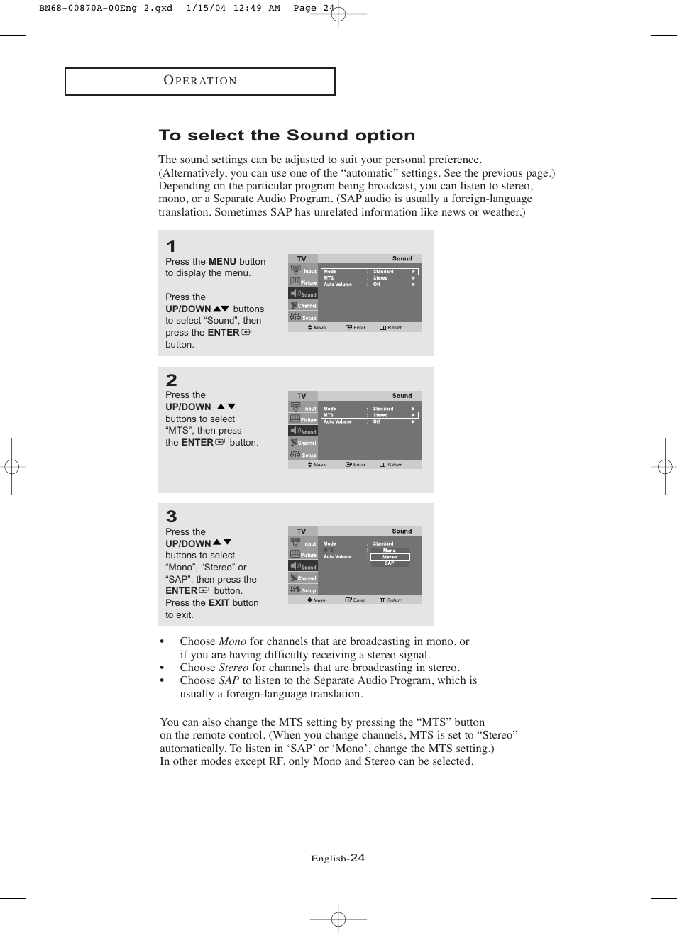 To select the sound option | Samsung LNR1742X-XAA User Manual | Page 29 / 66