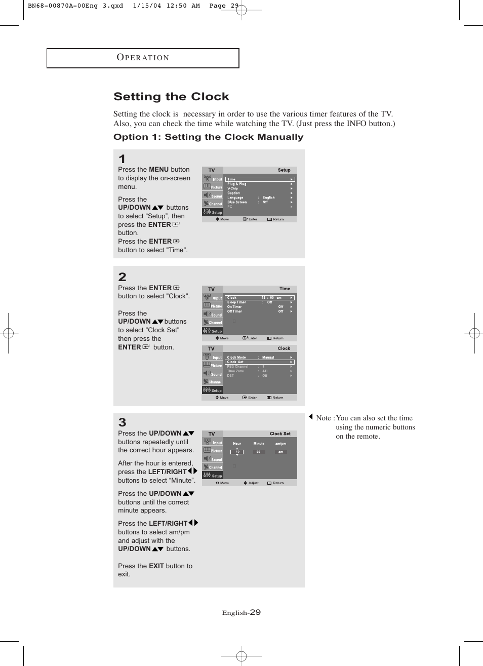 Setting the clock, Option 1: setting the clock manually | Samsung LNR1742X-XAA User Manual | Page 34 / 66