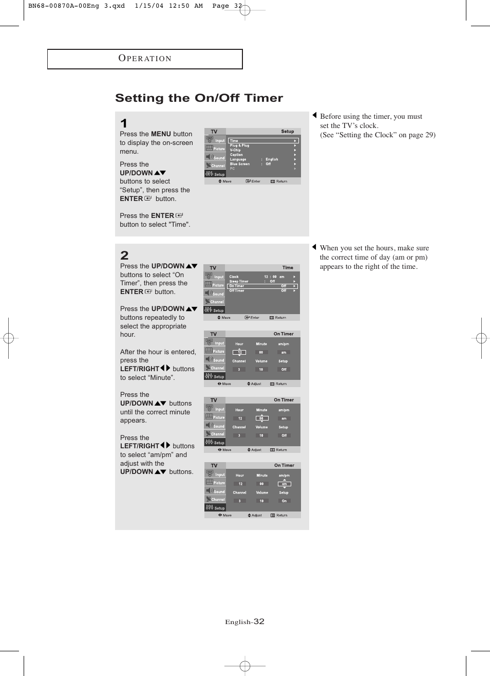 Setting the on/off timer | Samsung LNR1742X-XAA User Manual | Page 37 / 66